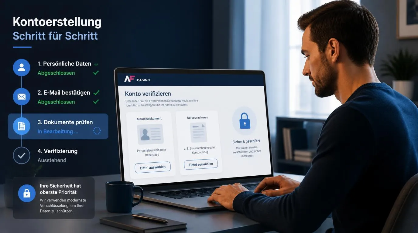Nutzer lädt Ausweis und Adressnachweis sicher im Casino-Kontobereich für die KYC-Prüfung hoch