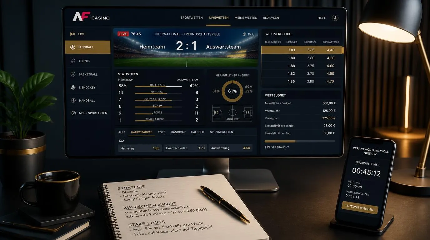 Sportwetten-Ansicht mit Quotenvergleich, Live-Spielstatistiken und festem Einsatzbudget