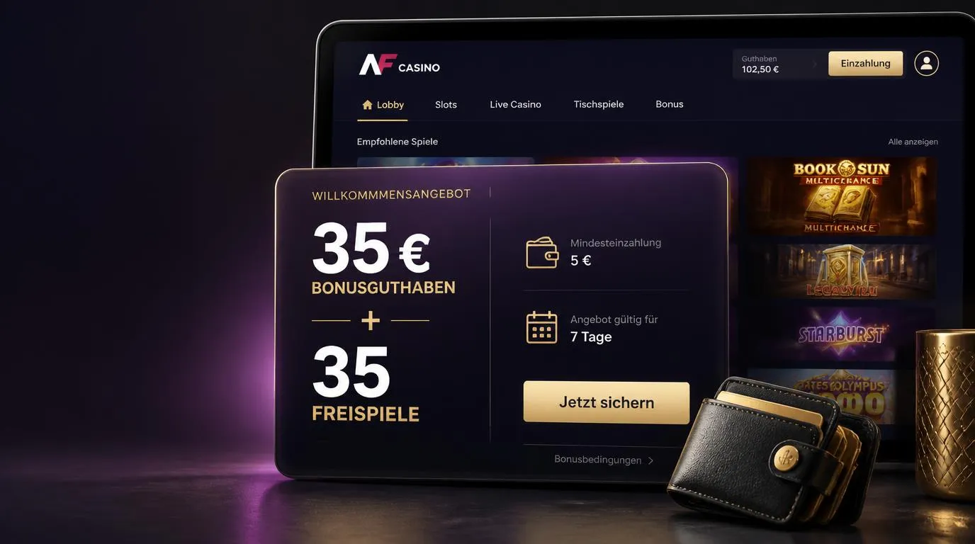 Willkommensbonus mit 35 Euro Guthaben und 35 Freispielen auf einer Casino-Bonusoberfläche