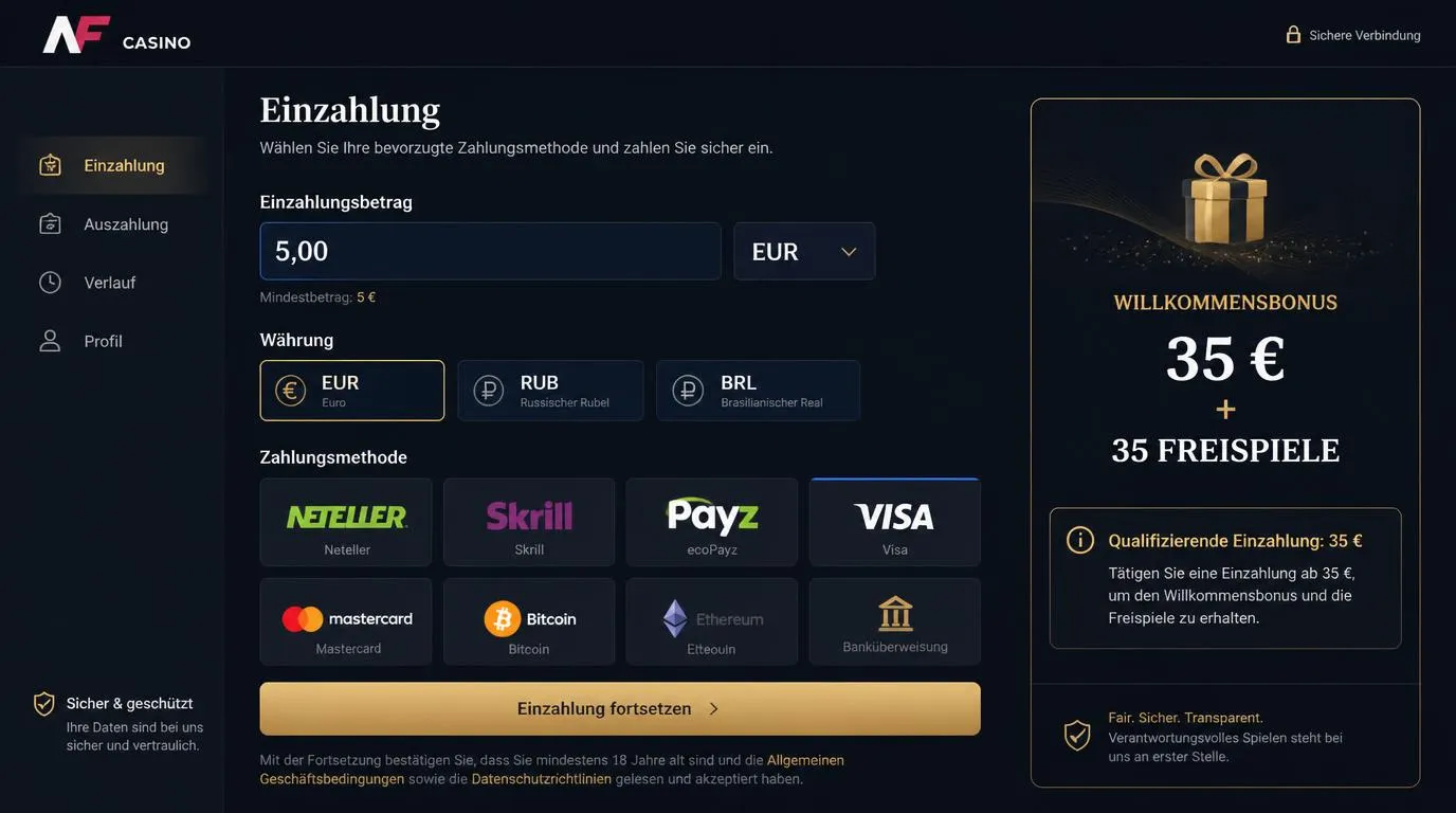 Kassenansicht mit Einzahlung ab 5 Euro, Zahlungsarten und auswählbarer Kontowährung