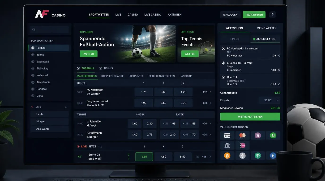 Sportwetten-Oberfläche mit Live-Quoten, Wettschein und Märkten für Fußball und Tennis