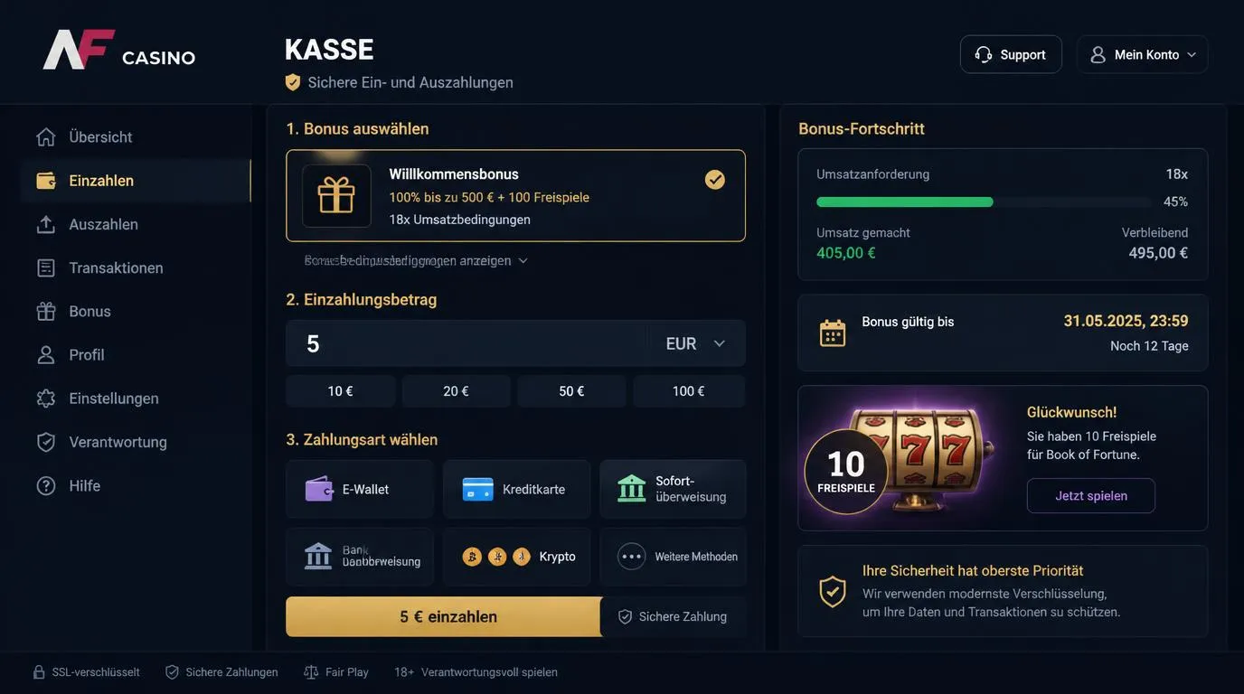 Casino-Kassenbereich mit Einzahlung, Bonusaktivierung und Anzeige offener Umsatzbedingungen