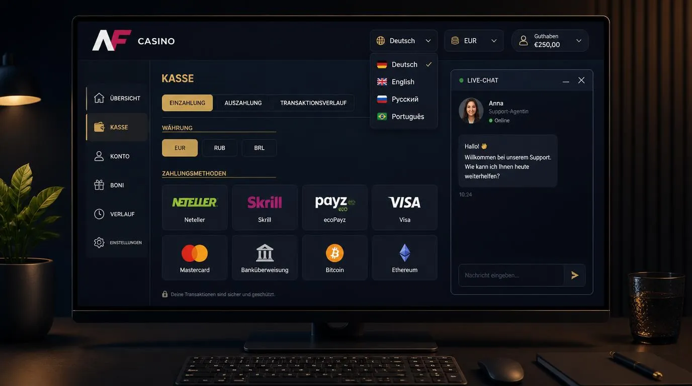 Casino-Kassenbereich mit Sprachwahl, Euro-Zahlung und aktivem Live-Chat