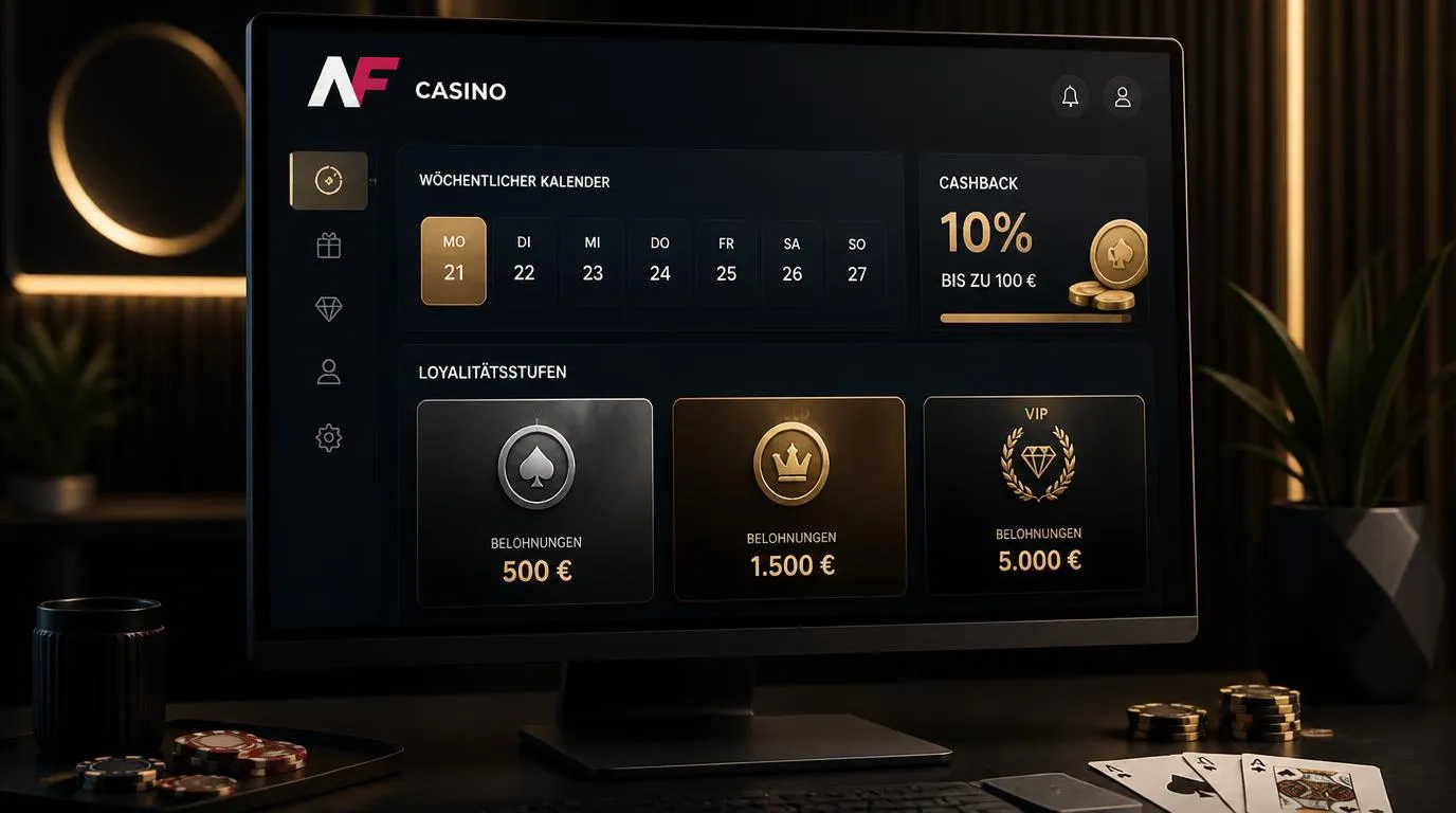 Casino-Dashboard mit Wochenkalender, Cashback-Anzeige und gestaffelten Treueprämien