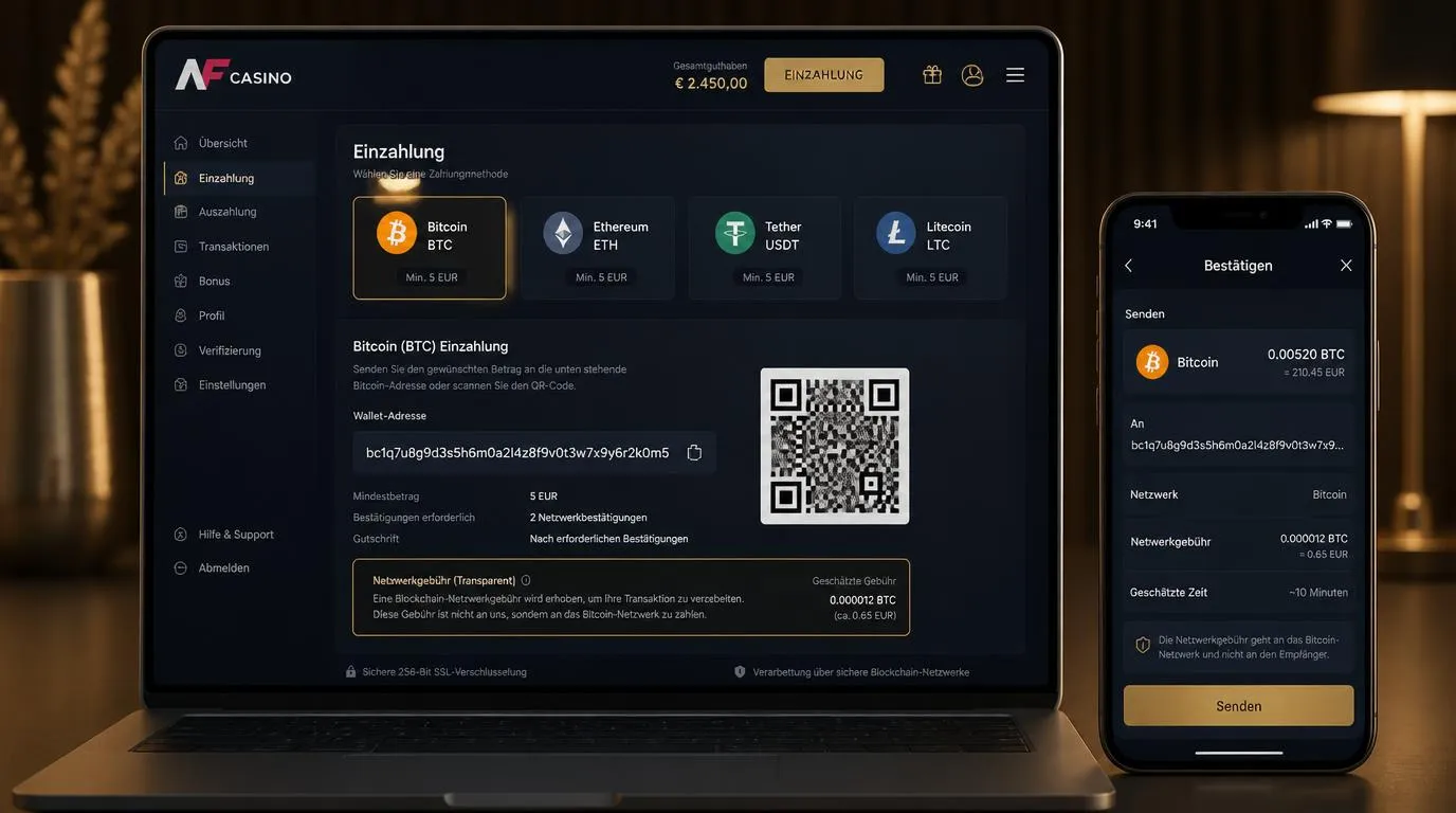 Casino-Kasse mit Bitcoin- und Ethereum-Auswahl, Wallet-Adresse und angezeigter Netzwerkgebühr