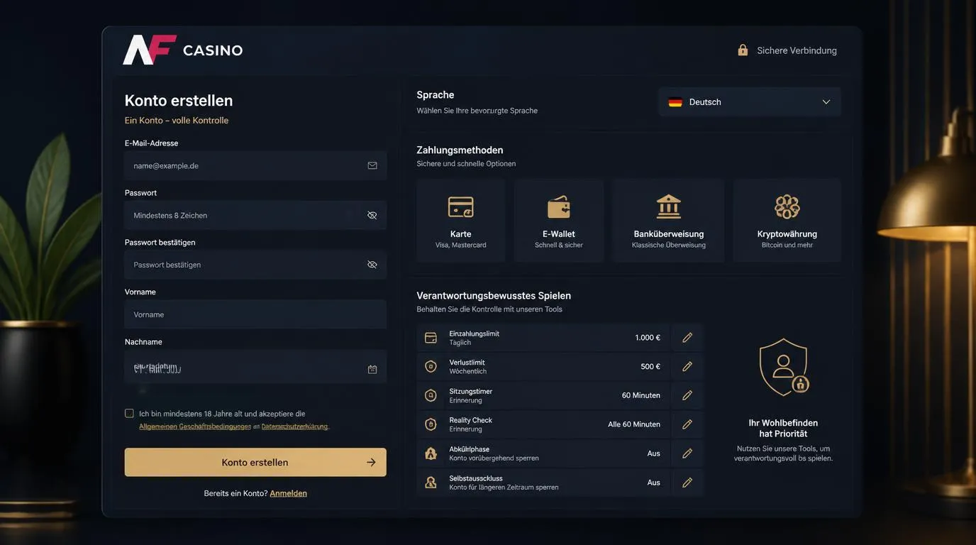 Registrierungsmaske eines Online-Casinos mit Zahlungsarten, Sprachwahl und Einstellungen für Spielgrenzen