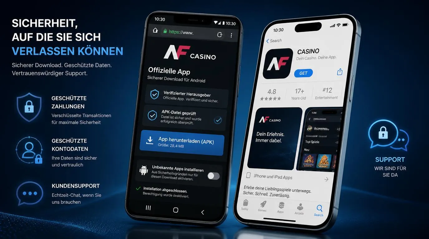 Smartphone mit offizieller App-Installation, HTTPS-Prüfung und aktivem Kontoschutz