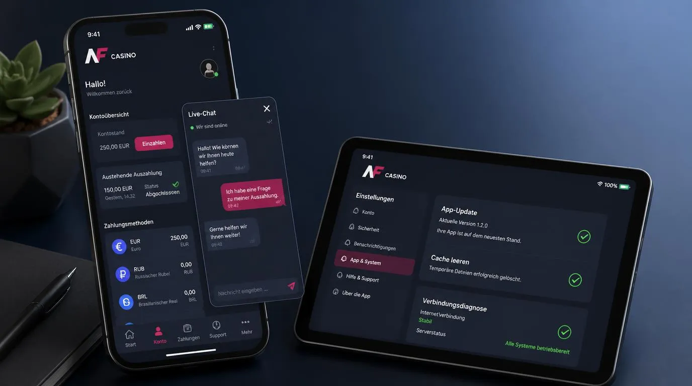Smartphone mit Casino-App, Live-Chat und Zahlungsbereich zur mobilen Fehlerbehebung