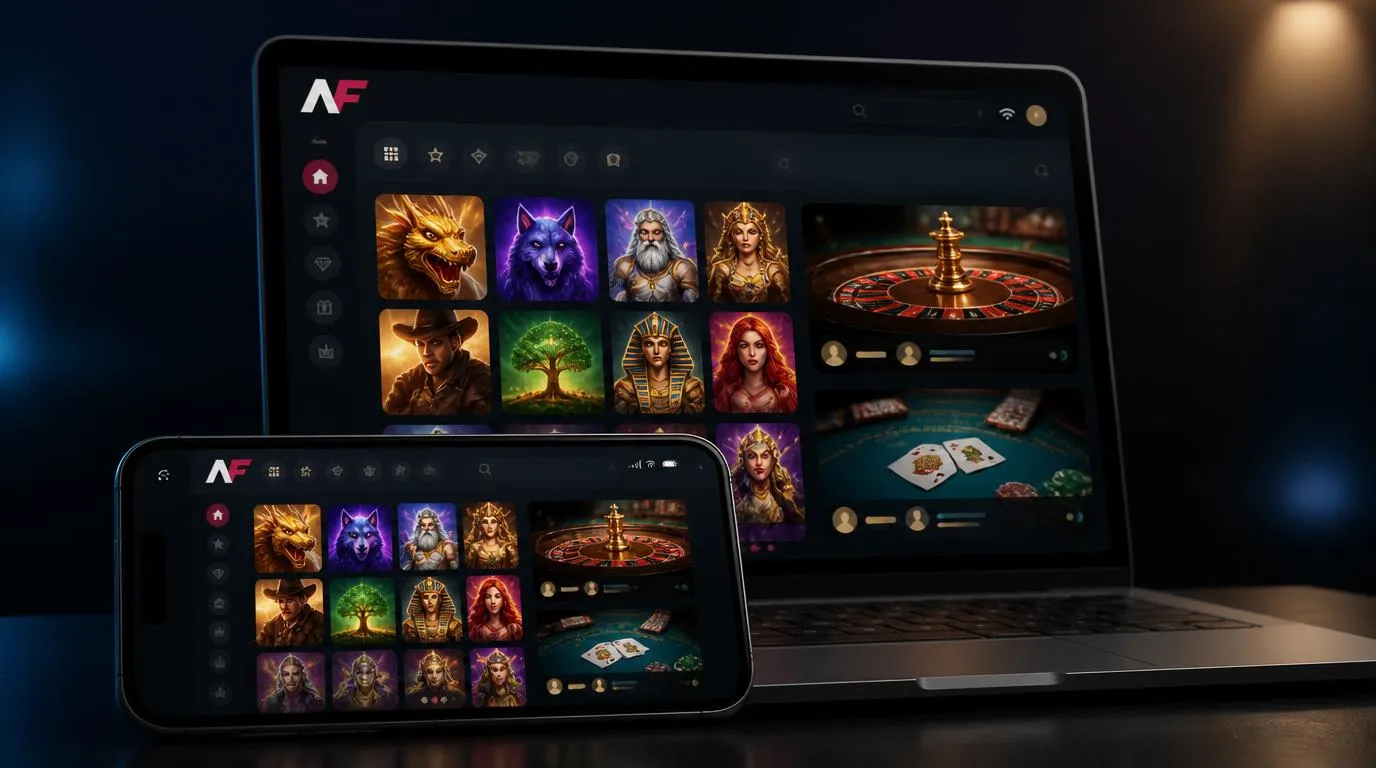 Mobiles Casino-Interface mit Slots, Tischspielen und schneller Navigation auf Smartphone und Laptop