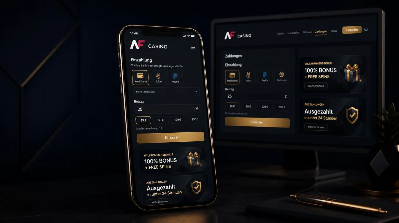 Casino-App auf Smartphone mit 5-Euro-Einzahlung, Bonusanzeige und Auszahlung in unter 24 Stunden